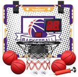 EagleStone Indoor Mini Basketball Hoop Set for Kids with Electronic Score Record and Sounds, Basketball Hoop Over The Door with 4 Balls, Hand Pump Basketball Toy Gifts for Boys Teens Adults