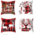 Pyhot 4 Pack 18 x 18 Inch Christmas Pillow Case Covers, Elk, Christmas Tree, Christmas Socks Snowflake Soft Cotton Linen Throw Pillow Covers for Home Outdoor Indoor Decor (A)