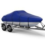 RVMasking 1200D 100% Waterproof Trailerable Boat Cover Fits Bass Boat, V-Hull, Runabout, Fish&Ski, Tri-Hull, Heavy Duty Marine Grade Boat Cover Length: 17’-19', Beam Width up to 96”, Blue