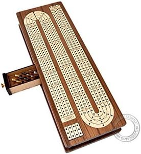 House of Cribbage - Continuous Cribbage Board Inlaid in Teak Wood / Maple Wood - 4 Track - Separate Storage Space for Two Deck of Cards & Pegs