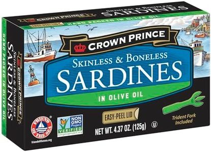 Crown Prince Skinless & Boneless Sardines in Olive Oil, EZ Peel lid w/Trident, 4.37 oz cans (Pack of 12)