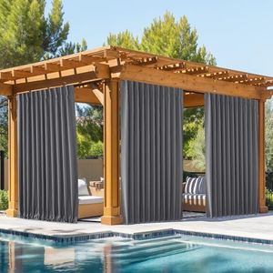 NICETOWN 2 Panels Outdoor Curtains Waterproof Pocket & Back Tab on Top & Bottom, Thermal Insulated Windproof Sun Blocking Outside Privacy Drapes for Patio with Fixed Rope, W84 x L95, Grey