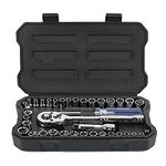 WORKPRO 39-Piece Drive Socket Set 1/4''3/8'', CR-V Metric and Imperial Sockets with Quick-Release Ratchet Wrench, Compact Sockets Set for Car Repair