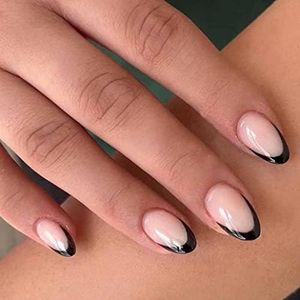 Foccna French Tip Fake Nails Black Press on Nails Short Acrylic Full Cover False Nails for Daily Wear Artificail Almond Nails for Women and Girls 24Pcs