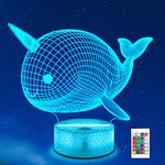 Ammonite Narwhal Lamp for Kids, Whale Narwhal 3D Illusion Night Light 16 Colour Changing with Remote Control and Timer, Great Gift for Kids Friends & Family Narwhal Fan Lover