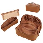 KNETAP 3 Set Makeup Bag- Large Capacity Travel Cosmetic Bag Plus Makeup Brush Holder Pouch, Open Flat Cosmetic Organizer Bag for Women, Portable PU Toiletry Bag Make Up Organizer (Brown)