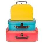 Jewelkeeper Paperboard Suitcases, Set of 3 - Nesting Storage Gift Boxes for Birthday Wedding Easter Nursery Office Decoration Displays Toys Photos - Red Turquoise Yellow