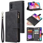 L-FADNUT Wallet Leather Case for Samsung Galaxy A50 Trifold Flip Wallet Phone Case with Card Holder Lanyar Strap Kickstand Zipper Magnetic Folio Case Cover for Samsung Galaxy A50 Black