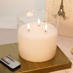 Eywamage 3 Wick Large Flameless Candles in Clear Glass, Flickering LED Battery Pillar Candle with Remote Φ 6" H 6"