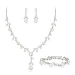 EVER FAITH Wedding Jewelry Sets for Bride Bridesmaid, White Gold Plated Cubic Zirconia Simulated Pearl Leaf Filigree Bridal Necklace Earrings Bracelet Set for Woman Clear Silver-Tone