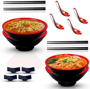 Bowls with chopsticks, Spoons & Holders 32 OZ Set of 4 (20 Pcs) Melamine Complete Dinnerware Set Japanese style Naruto Ramen Bowl (Red)