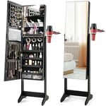 COSTWAY LED Lights Jewellery Cabinet, Floor Standing Lockable Jewelry Armoire with Full Length Mirror and Hairdryer Mount, Cosmetics Makeup Storage Organiser Unit (Black, with Lights Control Button)