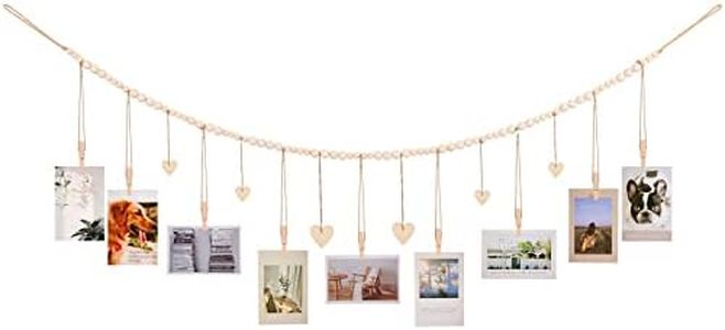 KLOGTSIND Hanging Photo Display with Clips, 9 Wood Clips, Boho Picture Frames Collage Wall Decor, Photo Hanger for Office Cubicle Decor, Kids Art Display (1)