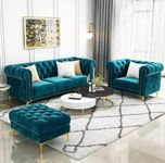 ANTIQUE WOOD ART Chesterfield Sofa with 4 Seaters 3+1+ Puffy and Chaise Lounge, Living Room Couches, L-Shaped Couch with Storage Ottoman, Sectional Couch for Small Dining Room. (Teal Green)