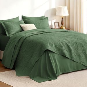 Love's cabin King Size Quilts Bedspreads, 7 Pieces Bed in a Bag, Dark Green