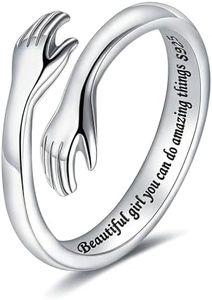 LOVECOM S925 Sterling Silver Hug Rings for Women Teen Girls Adjustable Hands Open Heaven Hope Inspirational Promise Ring Jewelry Birthday Mothers Day Gifts for Her Mom Wife Daughters Grandma Best Friend (Beautiful girl you can do amazing things, US Size 8)