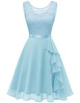 BeryLove Women's Cocktail Dresses Prom Wedding Guest Short Bridesmaid Dresses Ruffle Hem Sleeveless Lace Formal Dress, Light Blue, Medium