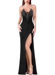 VFSHOW Womens Formal Prom Sexy Halter Deep V Neck Backless Maxi Dress Rhinestone Black Tie High Slit Evening Gown, Sparkly Black, X-Large