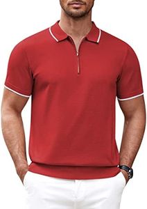 COOFANDY Mens Muscle Athletic Tennis Performance Stripe Zipper Polo T Shirt, Red, Large, Short Sleeve