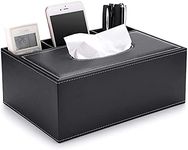 PU Leather Tissue Box Cover - Multifunctional Tissue Box Holder with Stationery Remote Control Box - Elegant and Stylish Home Napkin Holder Desktop Tissue Paper Holder Desk Storage Organizer (Black)