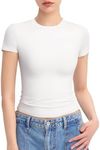 PUMIEY Summer Tops for Women Slim Fit Short Sleeve T Shirts Sexy Y2K Crop Top, Splashed White X-Small