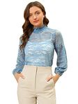 Allegra K Women's St. Patrick's Day Lace Long Sleeve Tops Ruffle Neck Elegant Floral Blouses Grey Blue M-12