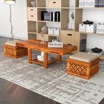 SIGNATURE KRAFT Solid Sheesham Wood Coffee Table with 2 Stools for Home, Office | Wooden Center Cofee Table for Living Room, Center Table with Shelf Storage, Carved- Natural Teak Finish