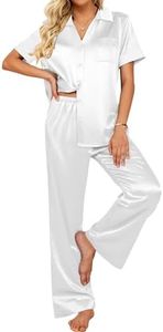 Ekouaer Women's Satin Pajama Set Short Sleeve Silk Sleepwear V Neck Pajamas Top and Wide Leg Long Pants Set White