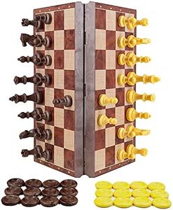 2 in 1 Chess Checkers Medium Size, Magnetic Wood Color Chess Travel Magnet Chess with Folding Case 12.4 inches