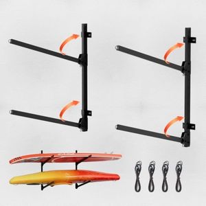 NIMBLERACK 2-Tier Foldable Kayak Wall Mount Rack - Heavy Duty Steel Storage Hanger for Garage, Holds Kayaks, Canoes, Paddleboards - Space-Saving Swing-Away Design (Black)