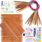 Exquiss Knitting Needles Set-18 Pairs 18 Sizes Bamboo Circular Knitting Needles with Colored Tube + 75 Pcs 15 Sizes Bamboo Double Pointed Knitting Needles Set + Weaving Tools Knitting Kits