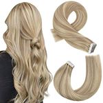 Moresoo Tape in Hair Extensions Blonde Highlight 16inch Remy Human Hair Tape in Extensions Honey Blonde with Golden Blonde Tape Hair Extensions for Women Tape ins Blonde Human Hair 20pcs 50g