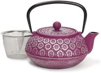 Purple Floral Cast Iron Teapot Kettle with Stainless Steel Loose Leaf Infuser (34 oz)