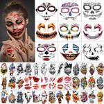 3D Halloween Face Temporary Tattoo for Men and Women，Face Mask Fake Tattoo Stickers Skeleton Skull Makeup Kit，Witch Ghost Pumpkin Lantern Bat Eagle Jack Civet Cat Waterproof Tiny Tattoo Stickers