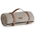 VonShef Picnic Blanket, Beige Herringbone Large Outdoor Rug with Waterproof Backing, 8 Person Weatherproof Picnic Mat with Faux Leather Handle, Water Resistant Camping Accessories, 200x220cm