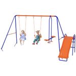 Outsunny 4 in 1 Metal Swing Set with Double Swings, Glider, Slide, Ladder, Kids Swing Set for Backyard, Outdoor, Playground, Multicoloured