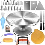 RFAQK 50PCs Cake Turntable Set - 12" Aluminium Alloy Cake Decorating Turntable- Professional Cake Decorating Kit with Straight & Offset Icing Spatula-Numbered Icing Nozzles & Bags- Cake Leveler