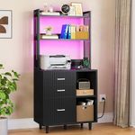 YITAHOME File Cabinet with Charging Station and Lighting, 3 Drawer Wood File Cabinet, Printer Stand with Open Storage Shelves for Home Office, Black