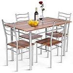 COSTWAY 5 Piece Dining Table Set, Kitchen Table and 4 Chair Set with High Backrest & Anti-slip Footpads, Metal Frame Rectangular Breakfast Table Chair Set for Home Restaurant (Light Walnut)