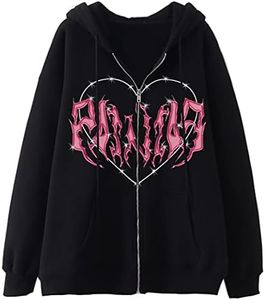 WINKEEY Sudadera con Capucha y Letras de corazón para Mujer Sudadera gótica Y2K Harajuku Sudadera con Cremallera Chaqueta Casual suéter Suelto Negro01 M