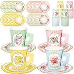 JarThenaAMCS 120Pcs Tea Party Decorations 60 9oz Pink Yellow Blue Green Floral Paper Tea Cups with Handle and 60 5.5in Saucers for Spring Tea Party Tableware Girls Women Birthday Supplies, 60 Set