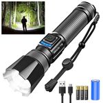 GEARLITE LED Rechargeable Torch, 30,000 Lumens, Extremely Bright Zoomable Tactical LED Torches, Strong with 5 Light Modes, IP65 Waterproof Flashlight Torch for Camping, Outdoor, Fishing, Hiking,