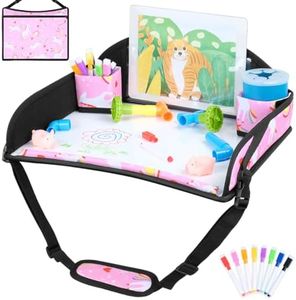 COOLBEBE Kids Travel Tray for Toddler Car Seat, Portable Car Seat Lap Tray with 2 Cup Holders, Pink Unicorn Design for Airplane, Road Trip Activities