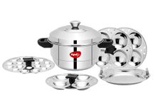 Pigeon Idly Maker Induction and Gastove Compatible 5 Plates, 3 plates (4 cavity), 1 mini idly plate(18 cavity), 1 Steamer(dhokla maker/momo maker), Cool handle, Easy to make steamer cum Idly maker