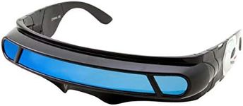 grinderPUNCH Futuristic Space Alien Costume Sunglasses Cyclops Shield Party Mirror Mono Lens (Black - Blue Mirror Lens)