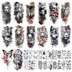 MAYCREATE® Temporary Tattoo for Men Women 34 Sheets Large Arm Band Tattoo Sticker, 3D Realistic Armband Tattoo, Body Half Sleeve Hand Tattoo for Women, Assorted Lion Wolf Tiger Skull Fake Tattoos