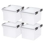 IRIS USA File Box WeatherPro File Organizer Plastic File Box for Letter/Legal File, Water Resistant Document Box, Durable Lid, Gasket Seal w/ Secure Buckles, Stackable, Clear 30 L (32 US Qt) 4Pack