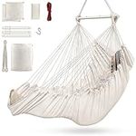 Hammock Chair, Cotton Rope Handwoven Chair with Collapsible Metal Spreader Bar Max 330 LBS for Indoor&Outdoor, Patio, Garden, Yard (White)