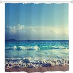 goodbath Ocean Beach Shower Curtain, Sea Waves Blue Sky Waterproof Mould proof Fabric Bathroom Curtains, 180 x 180 cm, Blue White Brown
