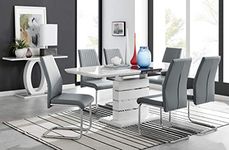 Furniturebox UK Dining Set - Renato Modern White Grey High Gloss Chrome Large Extending Dining Table and 6x Stylish Contemporary Elephant Grey Lorenzo Dining Kitchen Chairs Set (Table + 6 Chairs)